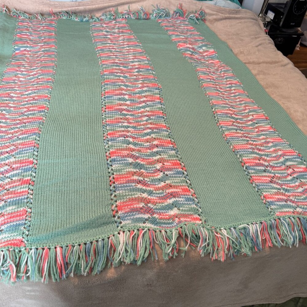 Vintage Large Crocheted Afghan Pink Mint and White with Blue Accents Lap Warmer